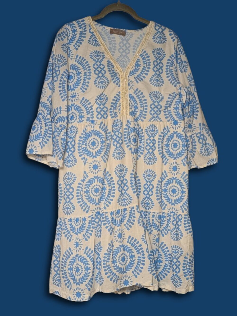Saiph Lab sz L white dress w/blue lagenlook styling, feat. cotton skirt lining